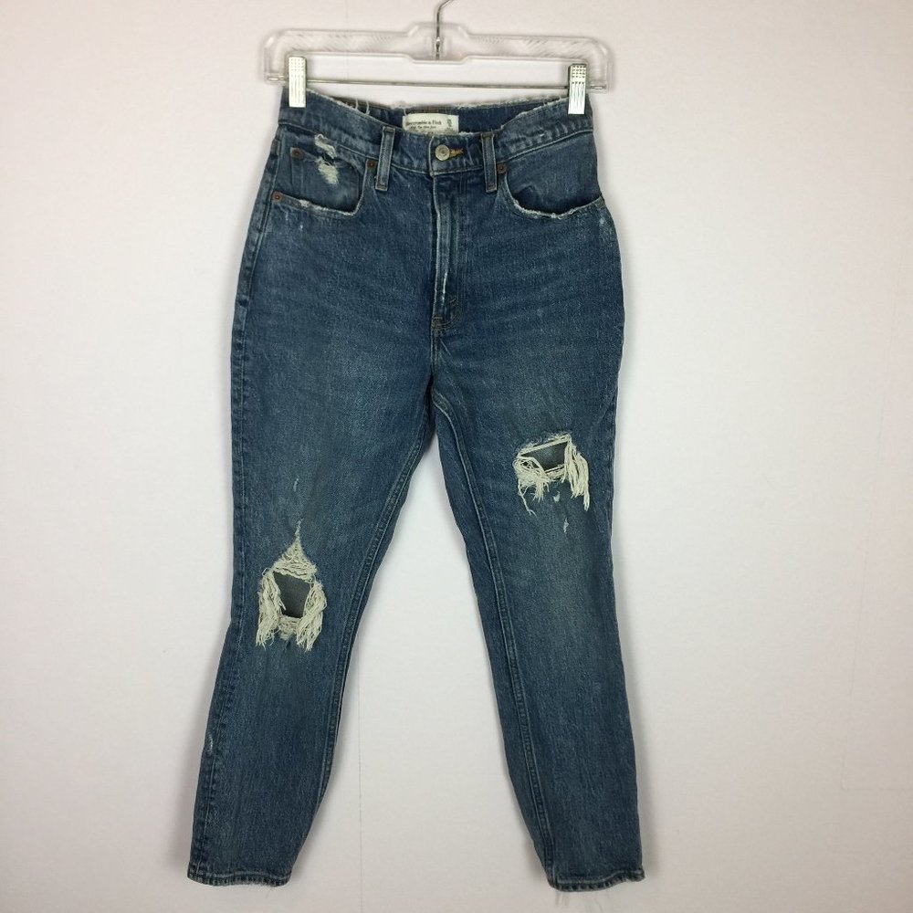Abercrombie & Fitch High Rise Mom Jeans Size 25/0R Womans Distressed Blue Denim